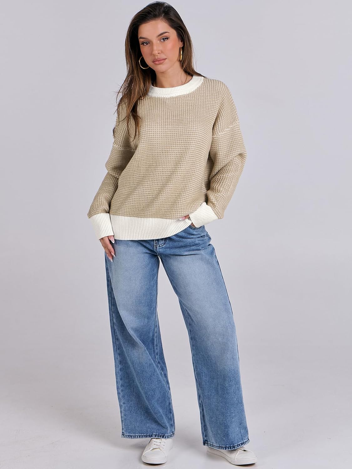 ANRABESS Womens 2024 Fall Sweaters Crewneck Casual Long Sleeve Contrast Loose Waffle Knit Pullover Sweater Top Trends Outfits · v3