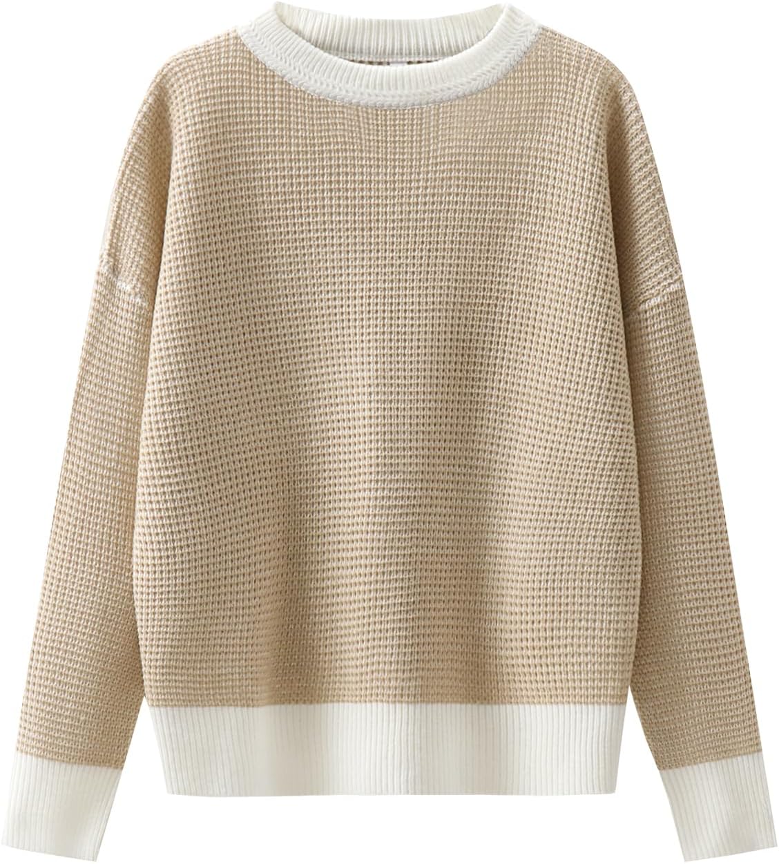 ANRABESS Womens 2024 Fall Sweaters Crewneck Casual Long Sleeve Contrast Loose Waffle Knit Pullover Sweater Top Trends Outfits · v3