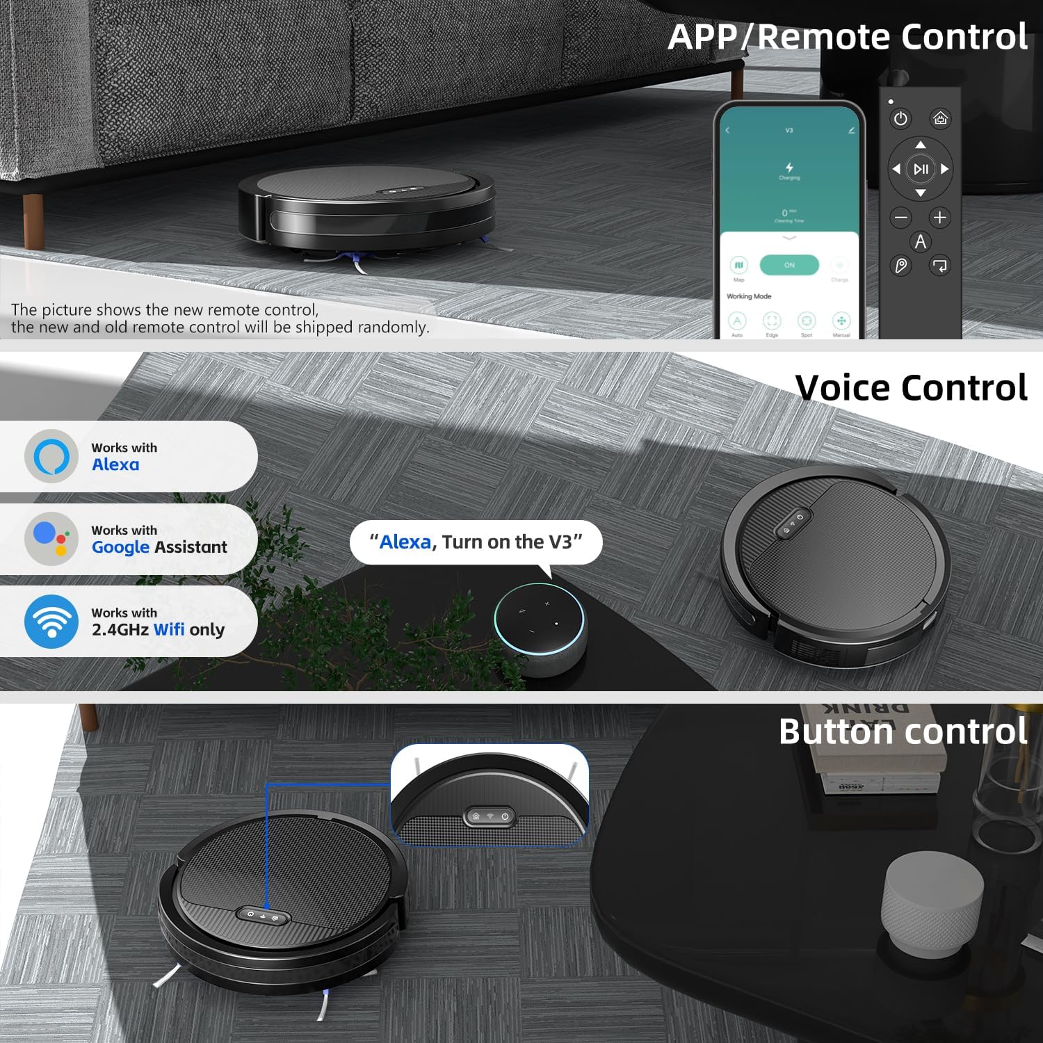 V3 Robot Vacuum and Mop Combo, 5000Pa Strong Suction, Mop Vacuum Cleaner, 2.4GWiFi/App/Alexa Control, Robotic Vacuum Cleaner for Low Carpet Pet Hair and Hard Floors · v3