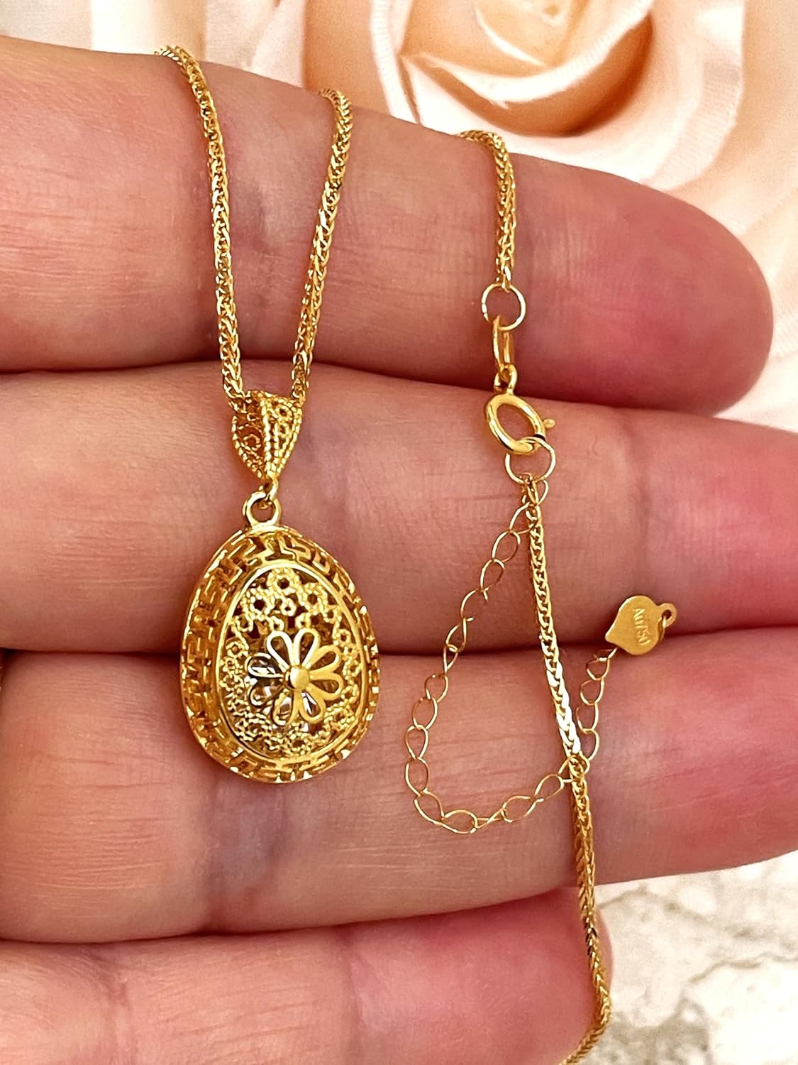 Handmade SOLID 18K Yellow GOLD Faberge Egg Necklace with Hidden 2ct Diamond Solitaire Ancient Greek MEANDER ETERNITY Design Symbolizing New Milestones Success Love Happiness Graduation Wedding gift