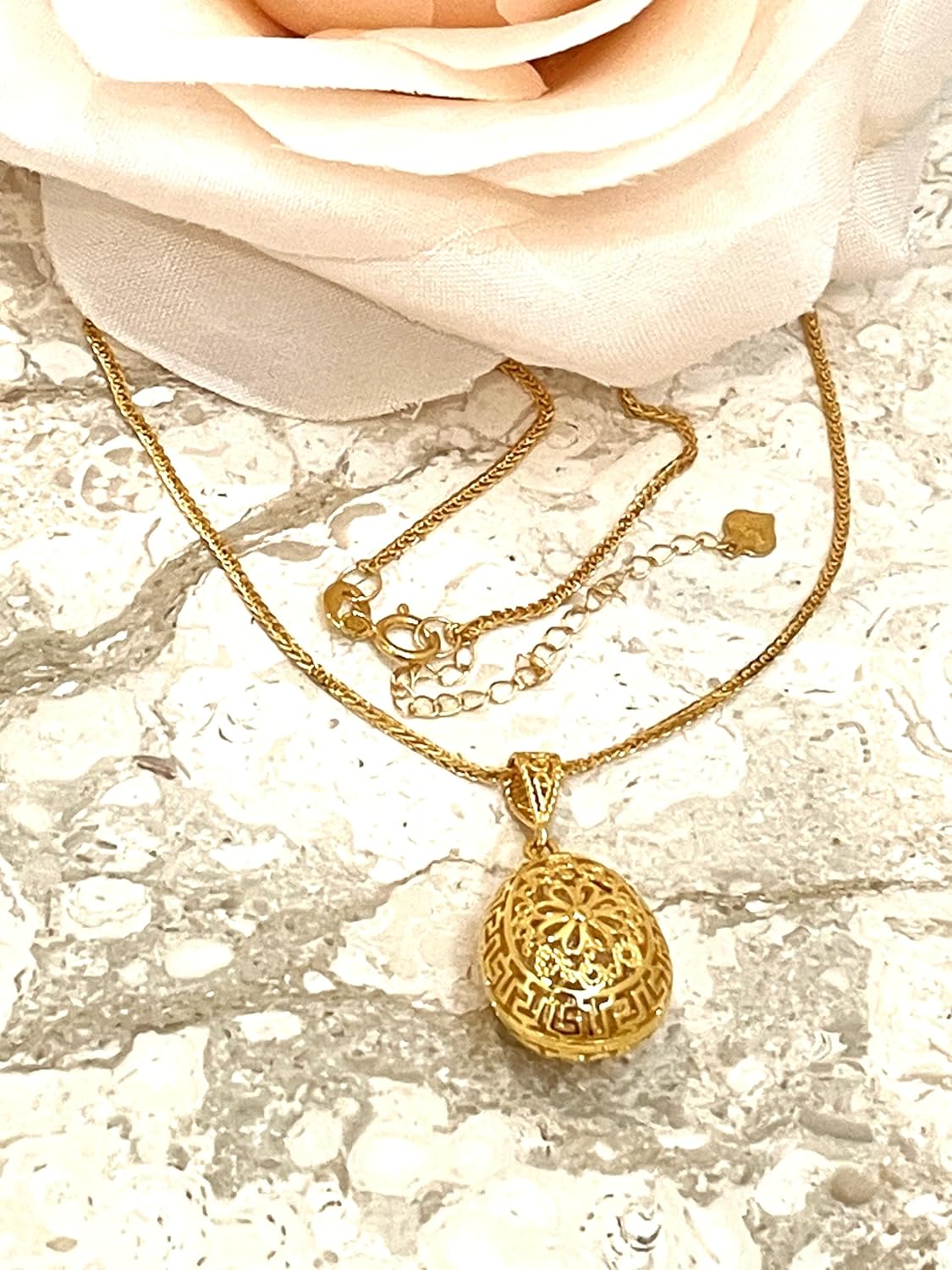 Handmade SOLID 18K Yellow GOLD Faberge Egg Necklace with Hidden 2ct Diamond Solitaire Ancient Greek MEANDER ETERNITY Design Symbolizing New Milestones Success Love Happiness Graduation Wedding gift