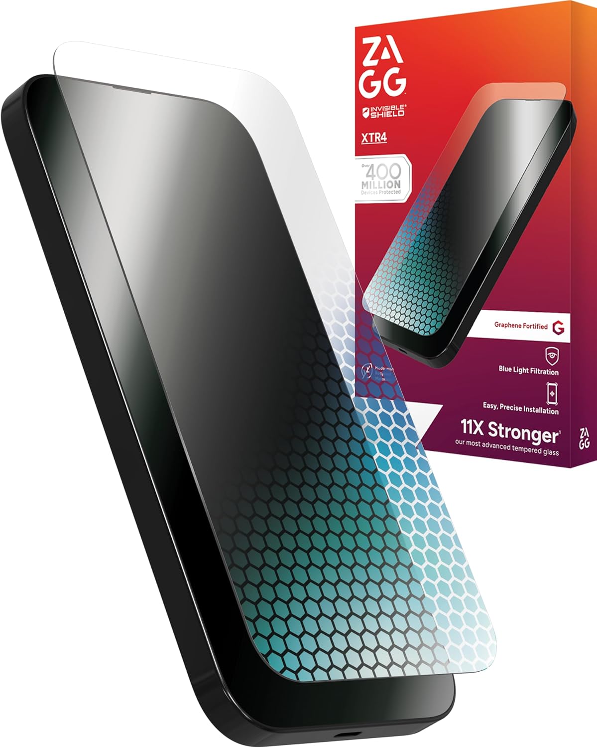 Protecteur d'écran ZAGG XTR4 pour iPhone 16 Pro Max : verre trempé 11 fois plus résistant, filtration de la lumière bleue, technologie antireflet, renforcé au graphène, InvisibleShield, installation facile sans poussière