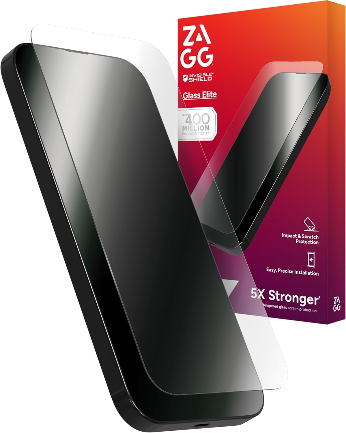 Protecteur d'écran ZAGG Glass Elite pour iPhone 16 Pro Max : 5 fois plus résistant, bords renforcés, verre trempé ultra résistant, résistant aux rayures, anti-taches, écran invisible, installation facile, écologique