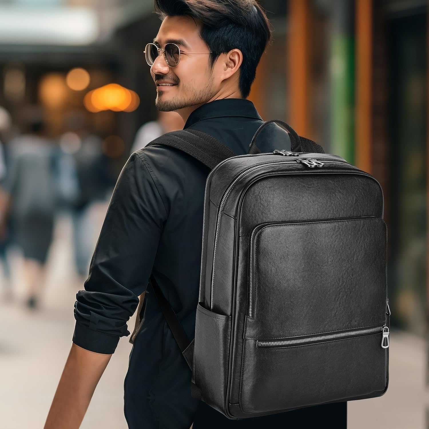 Leather backpack for men, 17.3 inch laptop backpack with laptop compartment. Business travel luxury backpack, black large 30 L · v2