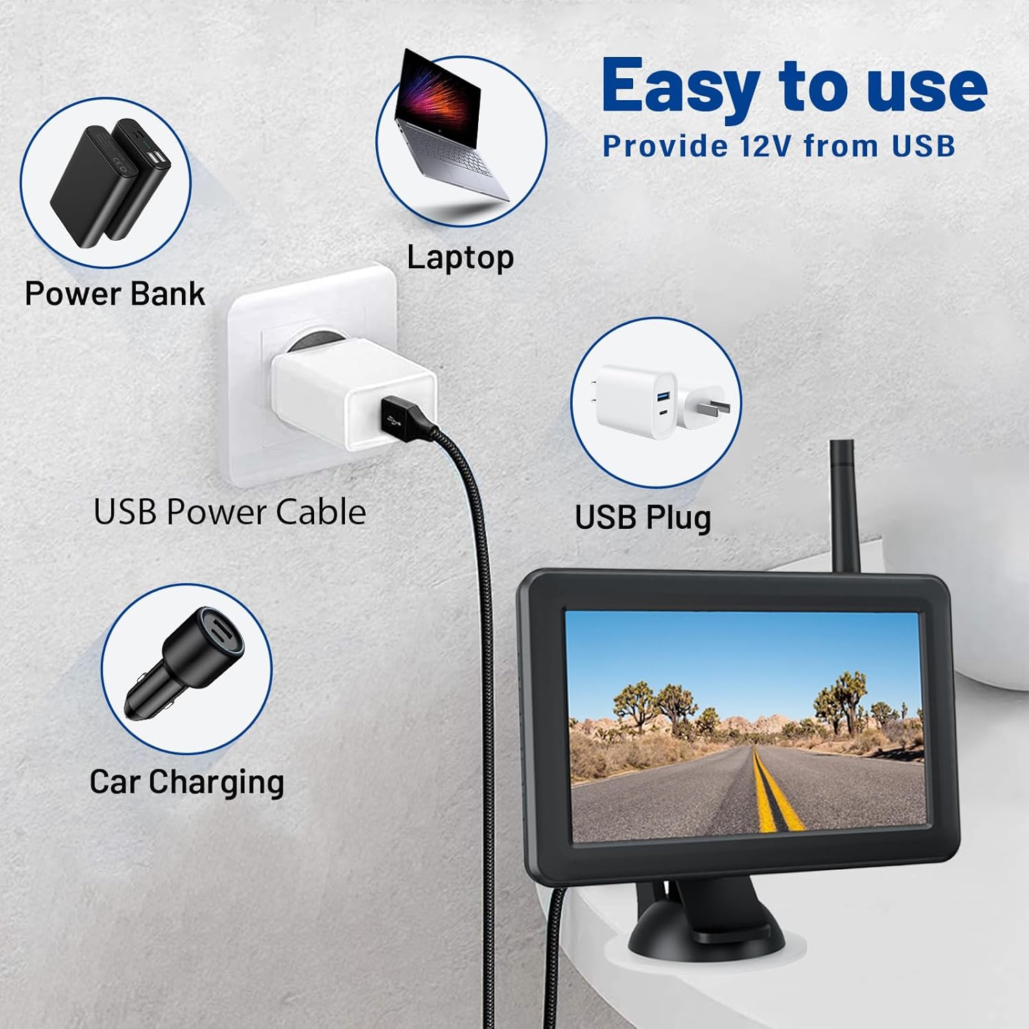 EWAY USB to DC Car Charger Cable for Furrion FOS07TADS Vision S Monitor Power Supply Cord, Replacement for FOS48TA-BL FOS48TAPK-BL Hitch Wireless Backup Camera 7 inch Screen Display Charging Cable · v5