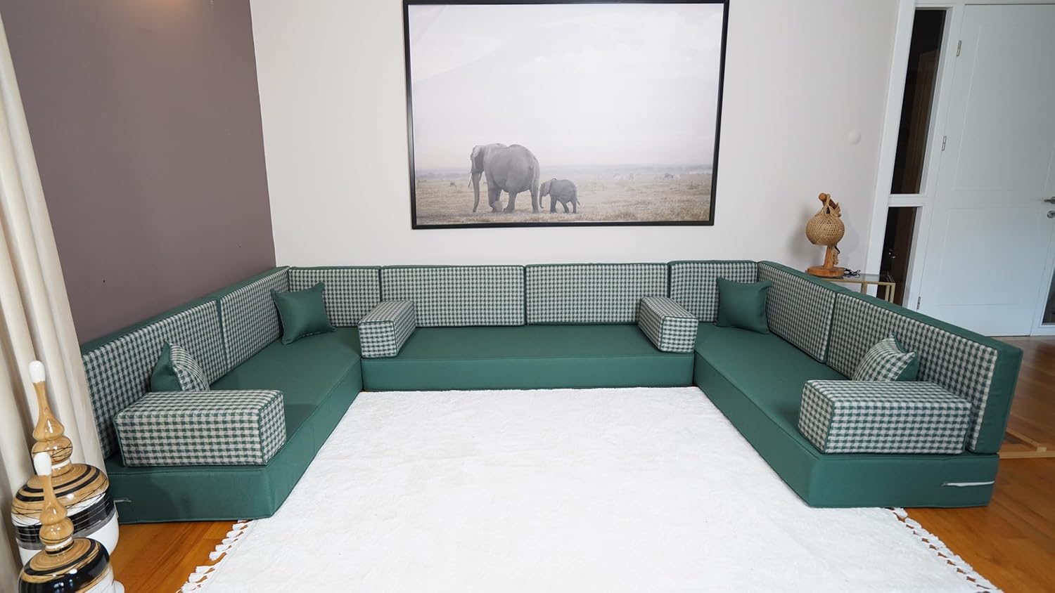 Arabic Floor Cushion, Majlis Sofa, Bench Cushion, Moroccan Sofa Set, Turkish Floor Sofa, Floor Seating, Sofa Set Living Room, Diwan Sofa (8' Thickness Sofa, U Sofa Only, Green) · v2