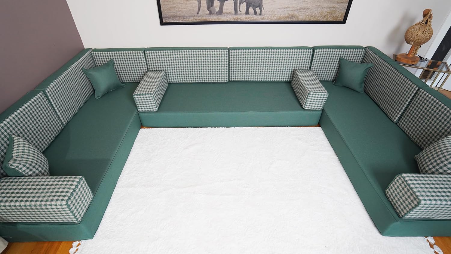 Arabic Floor Cushion, Majlis Sofa, Bench Cushion, Moroccan Sofa Set, Turkish Floor Sofa, Floor Seating, Sofa Set Living Room, Diwan Sofa (8' Thickness Sofa, U Sofa Only, Green) · v2