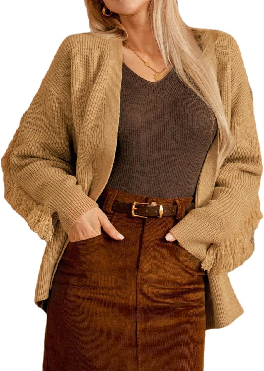 GRACE KARIN Womens 2024 Casual Long Sleeve Fringed Cardigan Open Front V Neck Knit Loose Oversized Sweater Outwear · v3