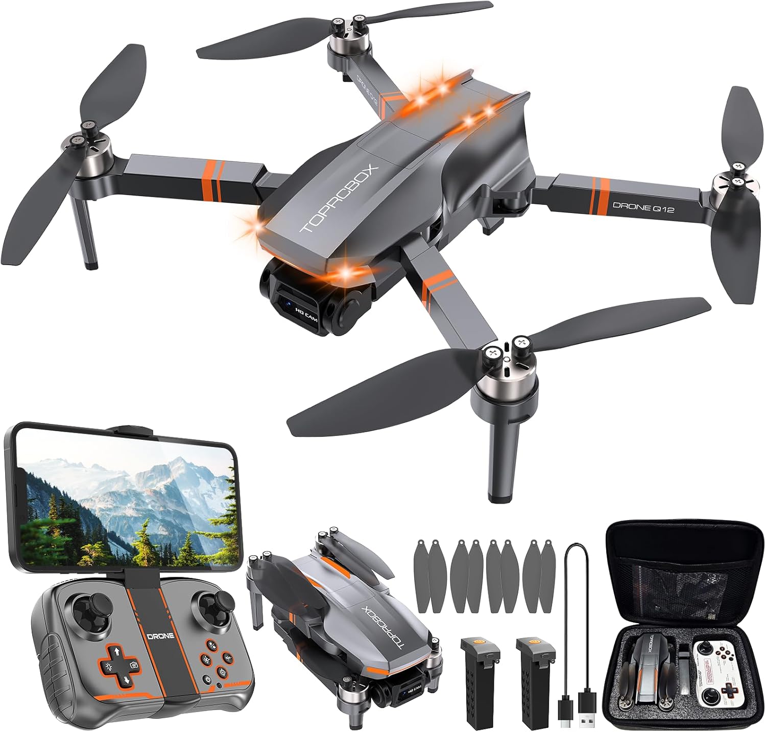 Drone Q12 con fotocamera per adulti, drone a motore brushless per bambini principianti, quadricottero RC pieghevole FPV con 2 batterie HD 4K, ribaltamento a 360°, mantenimento dell'altitudine, controllo vocale, modalità senza testa, One Key Start, Giocattoli regalo per uomini e ragazzi, facile da pilotare, custodia da trasporto