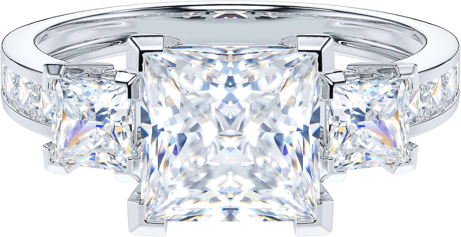 THELANDA 14k White Gold All Princess Cut Genuine Moissanite or Simulated Diamond Three Stones Engagement Ring 2CT Main Stone · v4