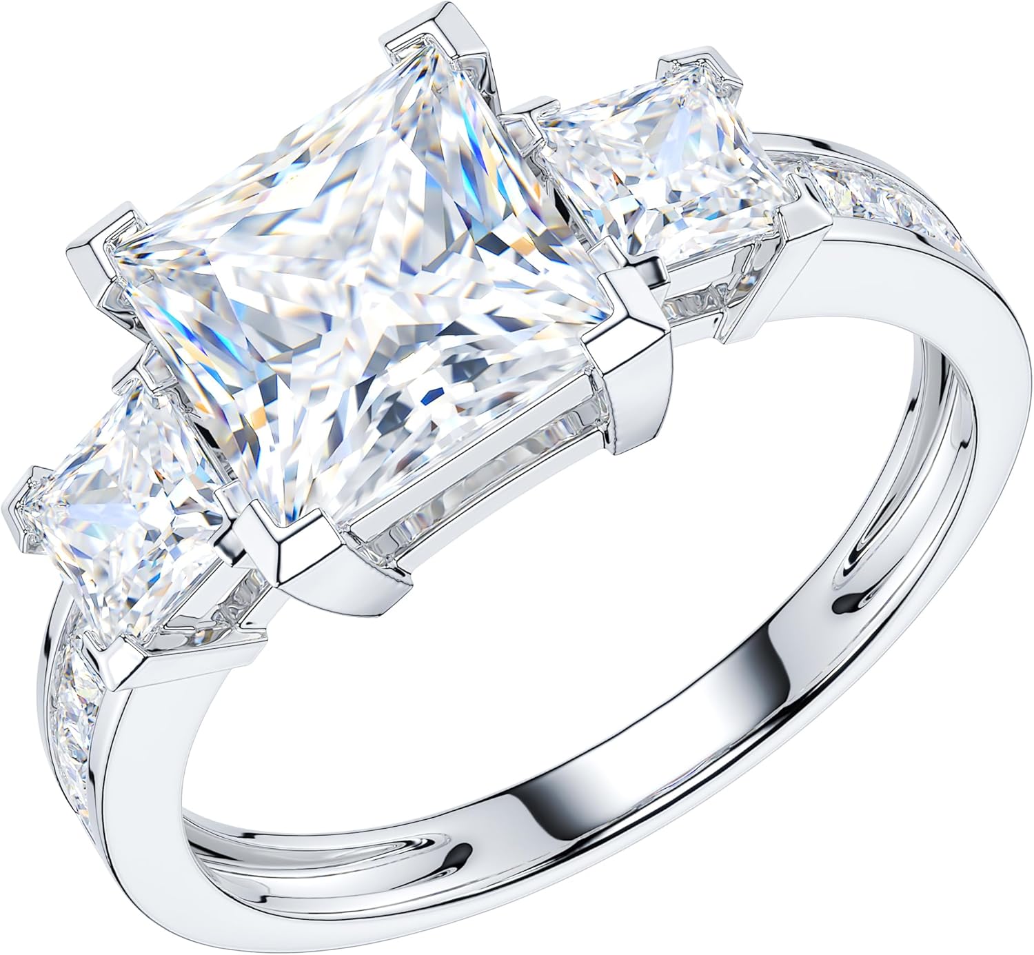 THELANDA 14k White Gold All Princess Cut Genuine Moissanite or Simulated Diamond Three Stones Engagement Ring 2CT Main Stone · v4