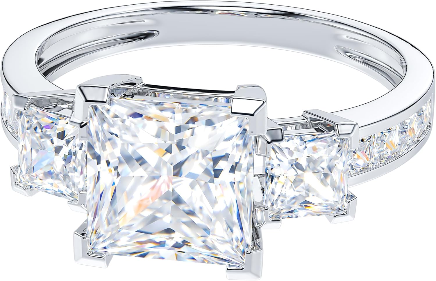 THELANDA 14k White Gold All Princess Cut Genuine Moissanite or Simulated Diamond Three Stones Engagement Ring 2CT Main Stone · v4