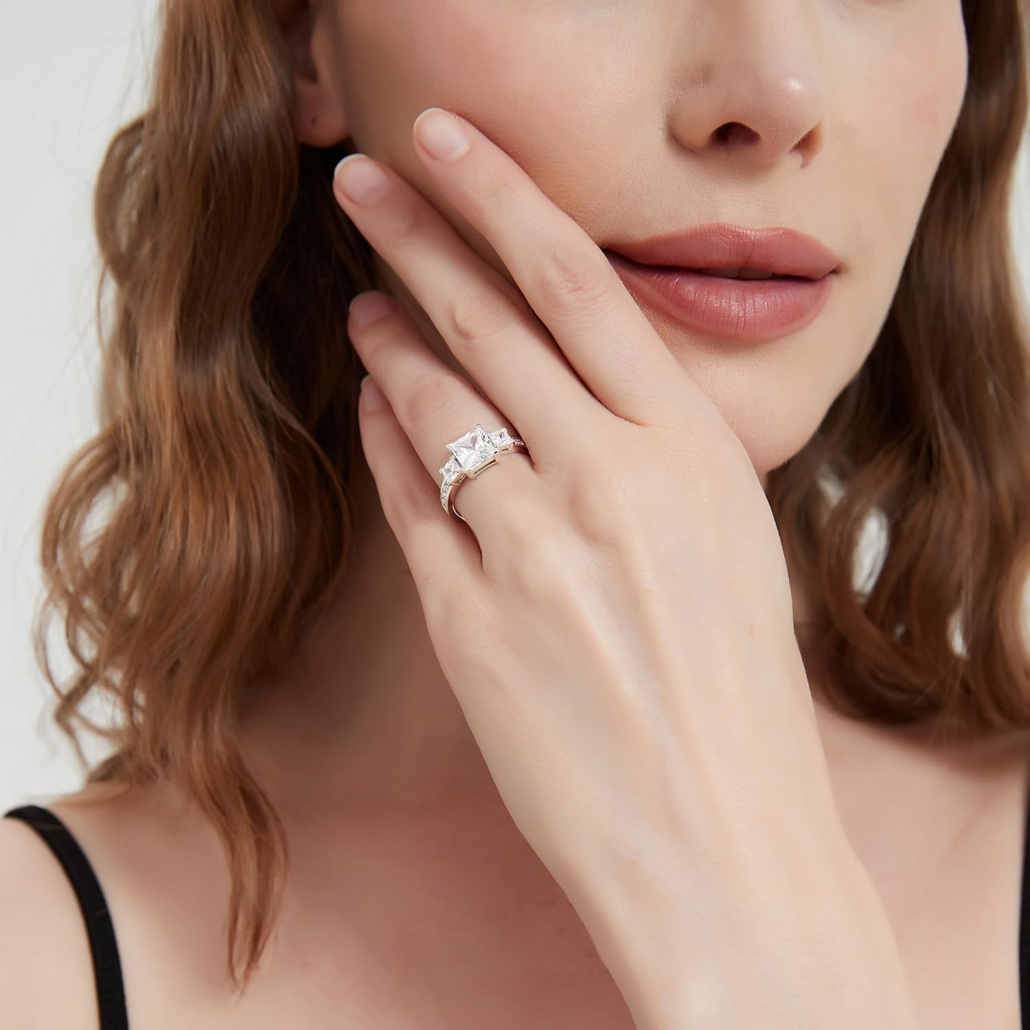 THELANDA 14k White Gold All Princess Cut Genuine Moissanite or Simulated Diamond Three Stones Engagement Ring 2CT Main Stone · v4
