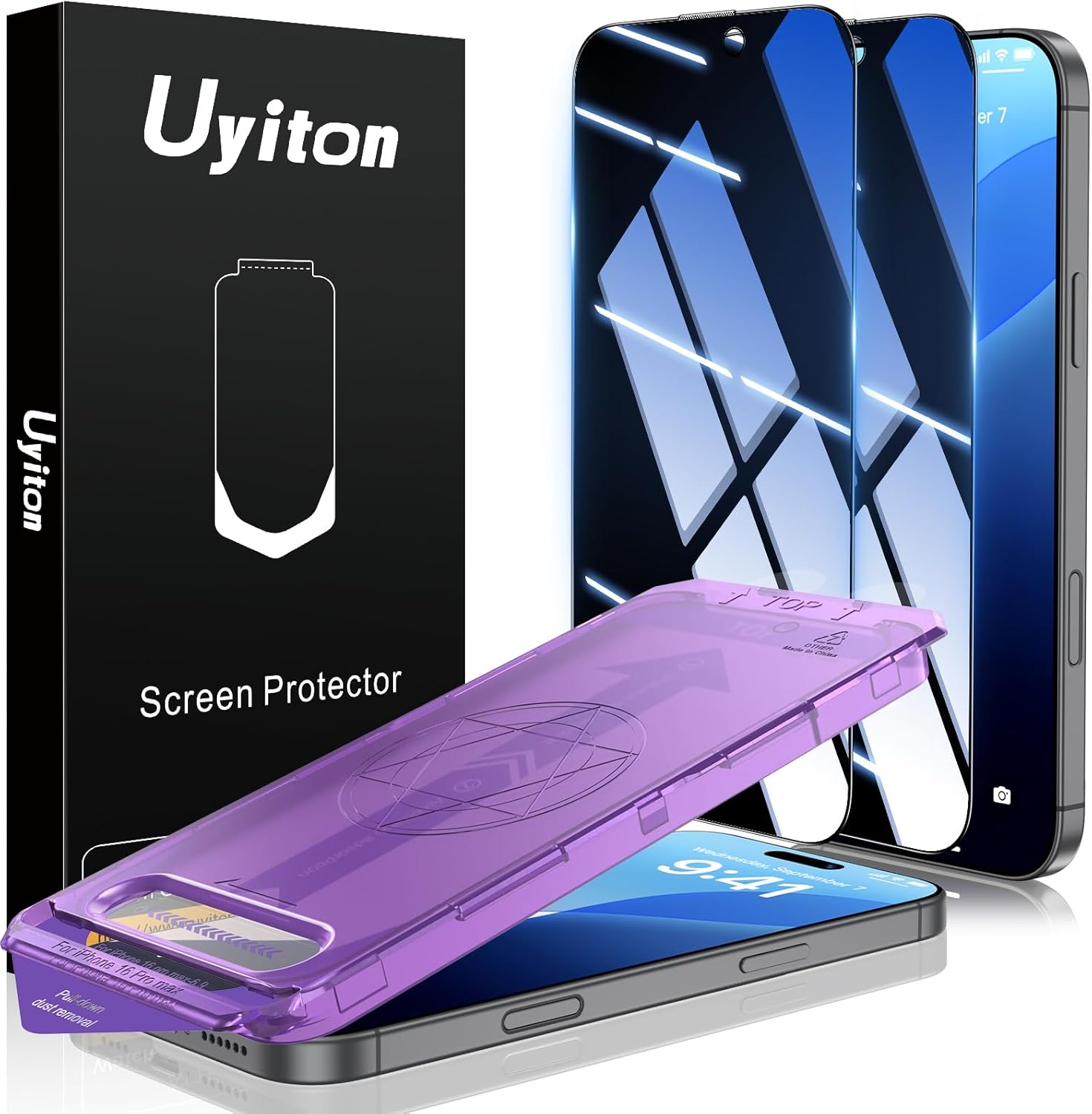 Protecteur d'écran Uyiton Unbreak-Glass pour iPhone 16 Pro Max, anti-espionnage à 28° [Easy Fit] [Zero Bubble] Couverture complète incassable et résistante aux rayures Coque d'écran privée en verre trempé 9H, lot de 2