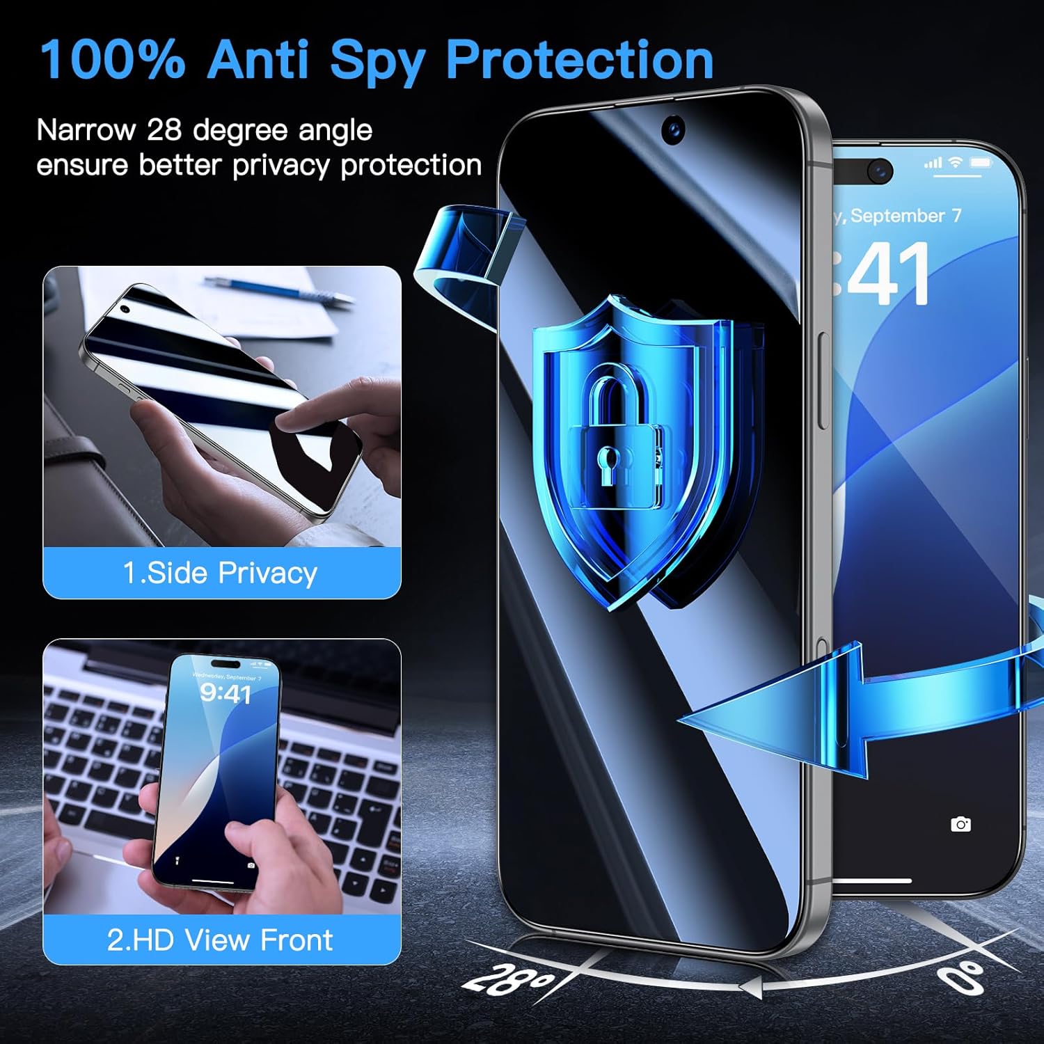 Protecteur d'écran Uyiton Unbreak-Glass pour iPhone 16 Pro Max, anti-espionnage à 28° [Easy Fit] [Zero Bubble] Couverture complète incassable et résistante aux rayures Coque d'écran privée en verre trempé 9H, lot de 2