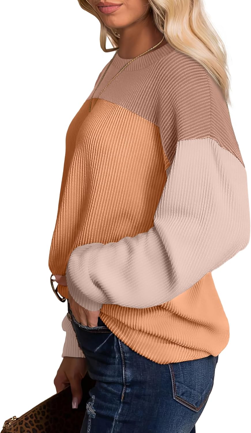 WIHOLL Damenmode 2024, Farbblock, Langarm, Rundhalsausschnitt, gerippte Hemden, Tunika-Tops, lässig, locker