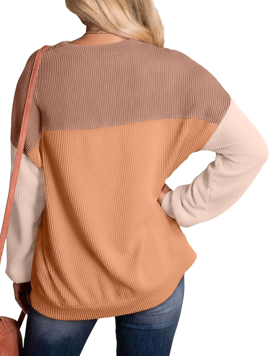 WIHOLL Damenmode 2024, Farbblock, Langarm, Rundhalsausschnitt, gerippte Hemden, Tunika-Tops, lässig, locker