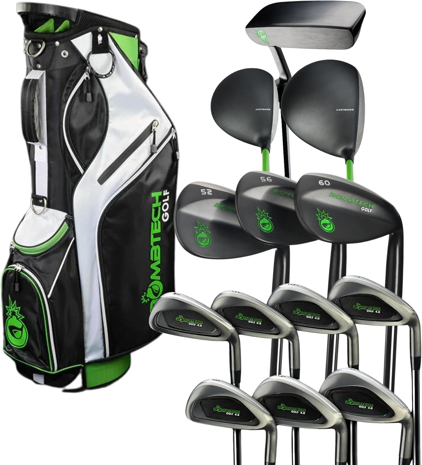 BombTech Golf - Ensemble complet - 13 clubs, 1 sac - Stiff Flex