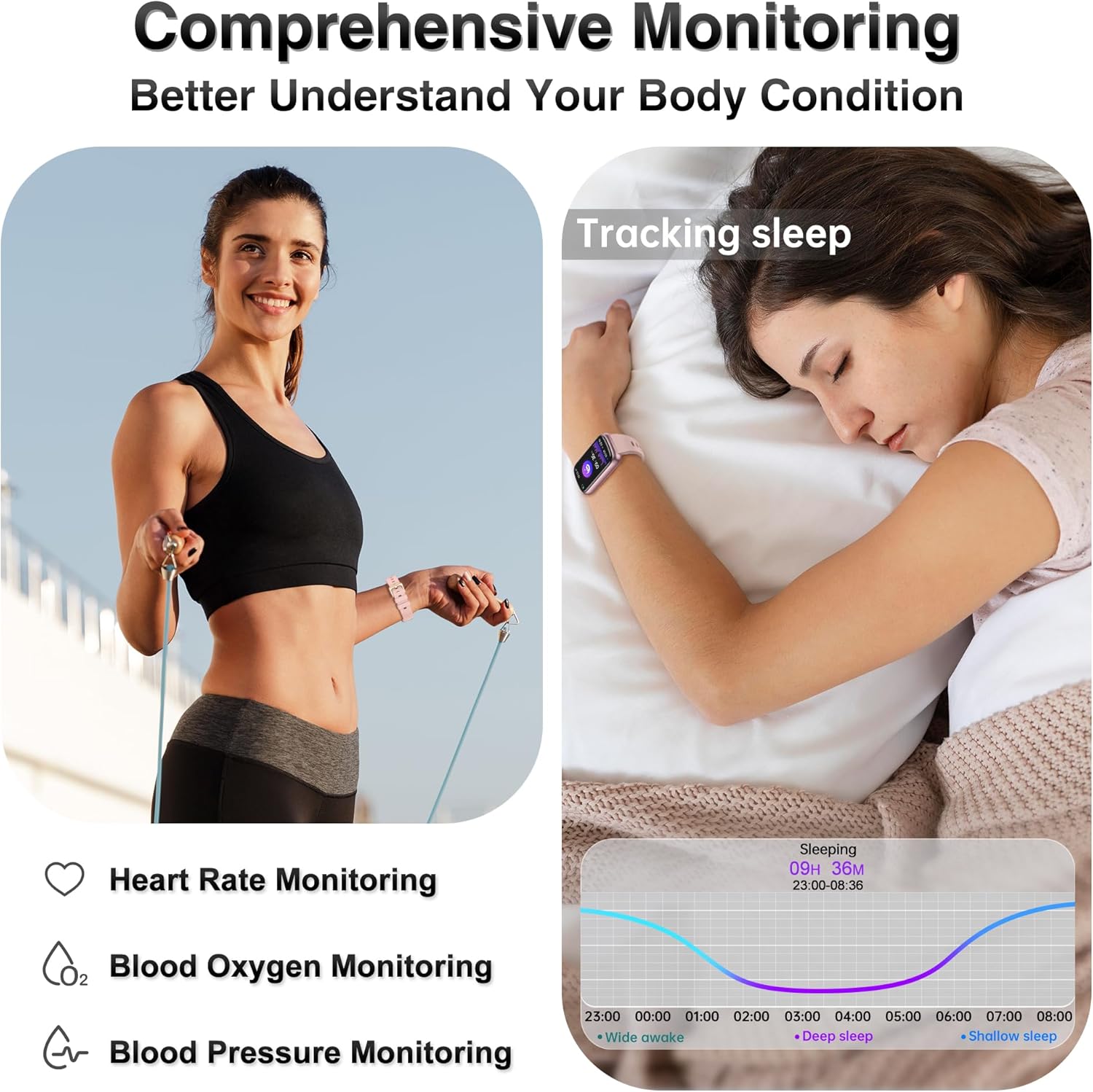 Health & Fitness Tracker, smartwatch con cardiofrequenzimetro, pressione sanguigna, ossigeno nel sangue 24 ore su 24, 7 giorni su 7, monitoraggio del sonno, rilevatore di calorie, rilevatore di attività impermeabile IP68 per Androidamp; iPhone da donna e da uomo