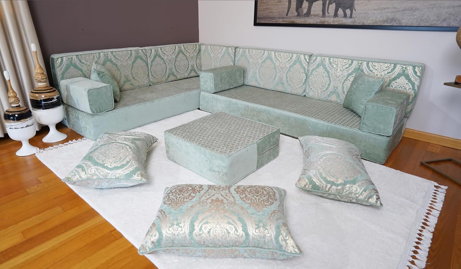 Arabic Floor Cushion, Bench Cushion, Turkish Floor Sofa, Arabic Majlis, Sofa Set Living Room, Diwan Sofa, Arabic Couch, Floor Pillow (8' Thickness Sofa, L Sofa   Ottoman   Pillows, Royal Green) · v2