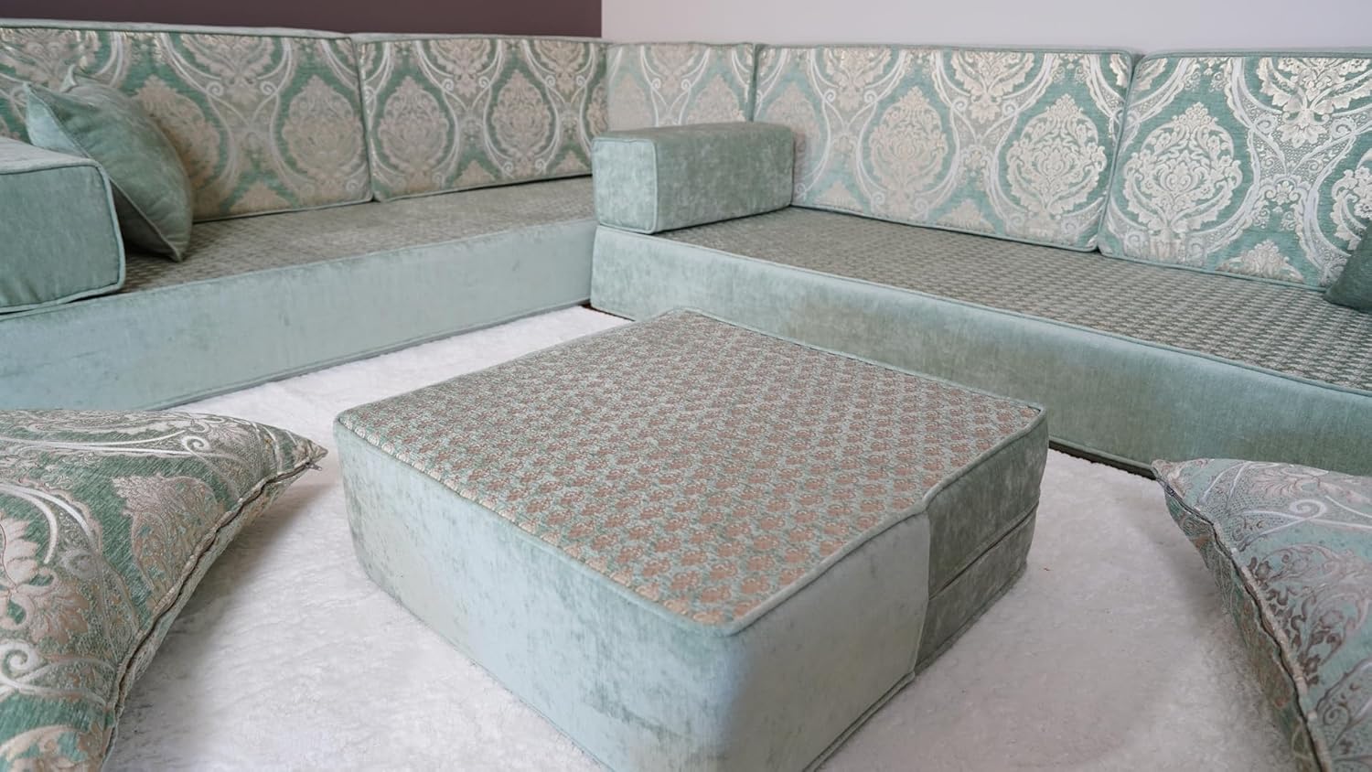 Arabic Floor Cushion, Bench Cushion, Turkish Floor Sofa, Arabic Majlis, Sofa Set Living Room, Diwan Sofa, Arabic Couch, Floor Pillow (8' Thickness Sofa, L Sofa   Ottoman   Pillows, Royal Green) · v2