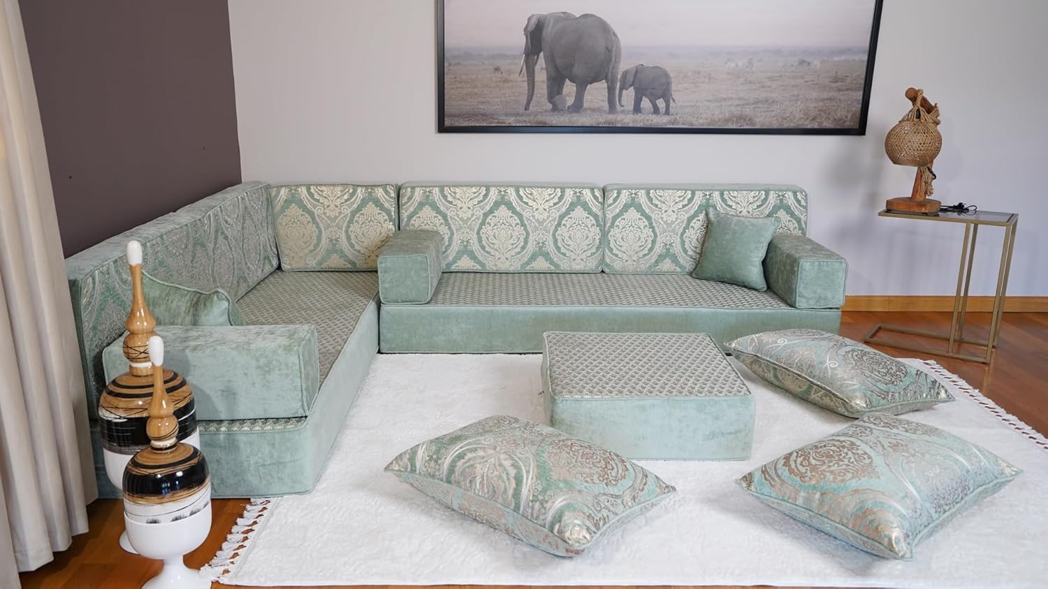 Arabic Floor Cushion, Bench Cushion, Turkish Floor Sofa, Arabic Majlis, Sofa Set Living Room, Diwan Sofa, Arabic Couch, Floor Pillow (8' Thickness Sofa, L Sofa   Ottoman   Pillows, Royal Green) · v2