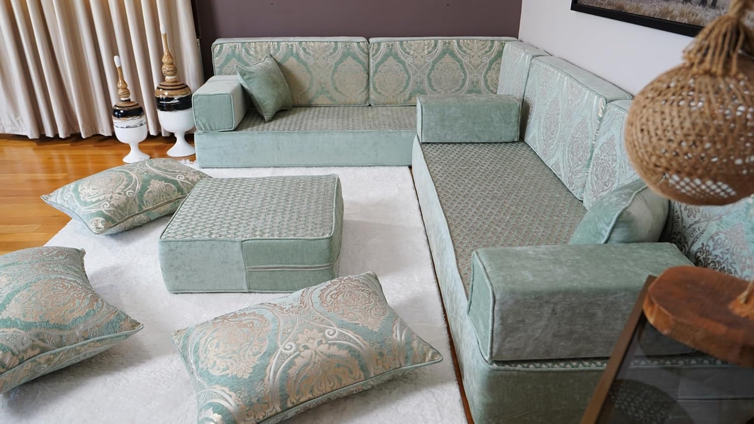 Arabic Floor Cushion, Bench Cushion, Turkish Floor Sofa, Arabic Majlis, Sofa Set Living Room, Diwan Sofa, Arabic Couch, Floor Pillow (8' Thickness Sofa, L Sofa   Ottoman   Pillows, Royal Green) · v2