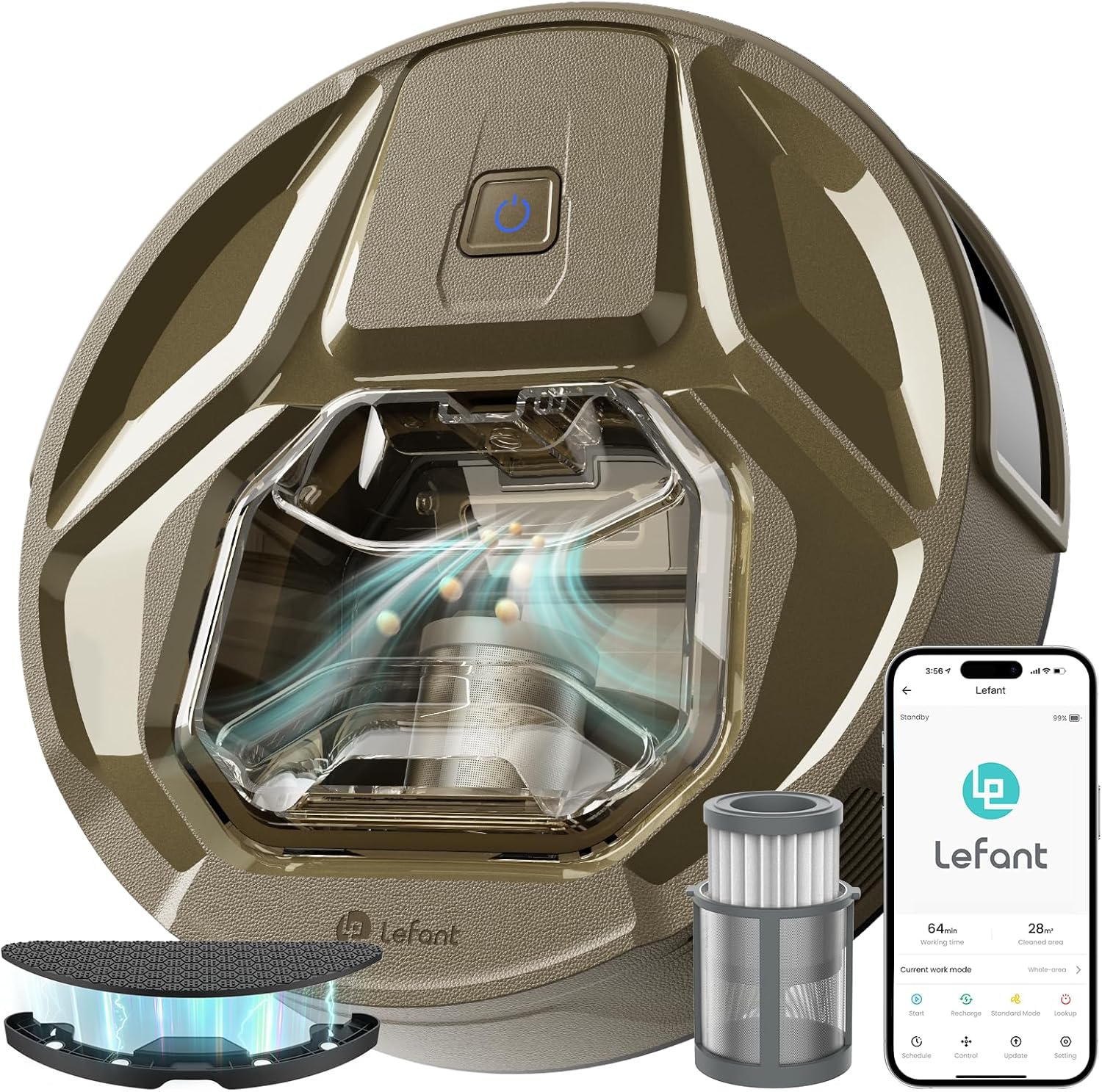 Robot aspirapolvere Lefant M320G, potente aspirazione, pattumiera visibile, super sottile, silenzioso, robot aspirapolvere e scopa a ricarica automatica, funziona con Alexa, ideale per pavimenti duri, peli di animali domestici, marrone dorato