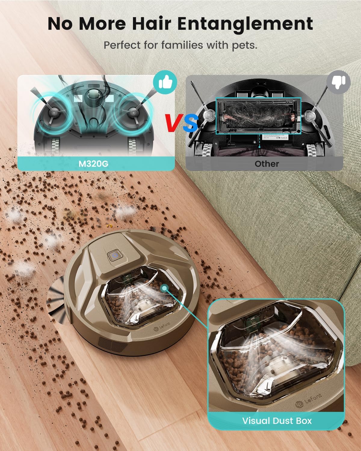 Robot aspirapolvere Lefant M320G, potente aspirazione, pattumiera visibile, super sottile, silenzioso, robot aspirapolvere e scopa a ricarica automatica, funziona con Alexa, ideale per pavimenti duri, peli di animali domestici, marrone dorato