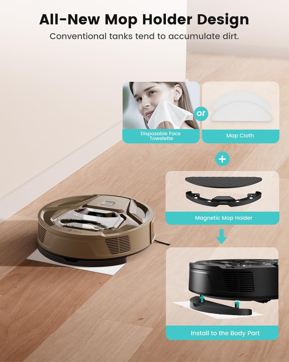 Robot aspirapolvere Lefant M320G, potente aspirazione, pattumiera visibile, super sottile, silenzioso, robot aspirapolvere e scopa a ricarica automatica, funziona con Alexa, ideale per pavimenti duri, peli di animali domestici, marrone dorato