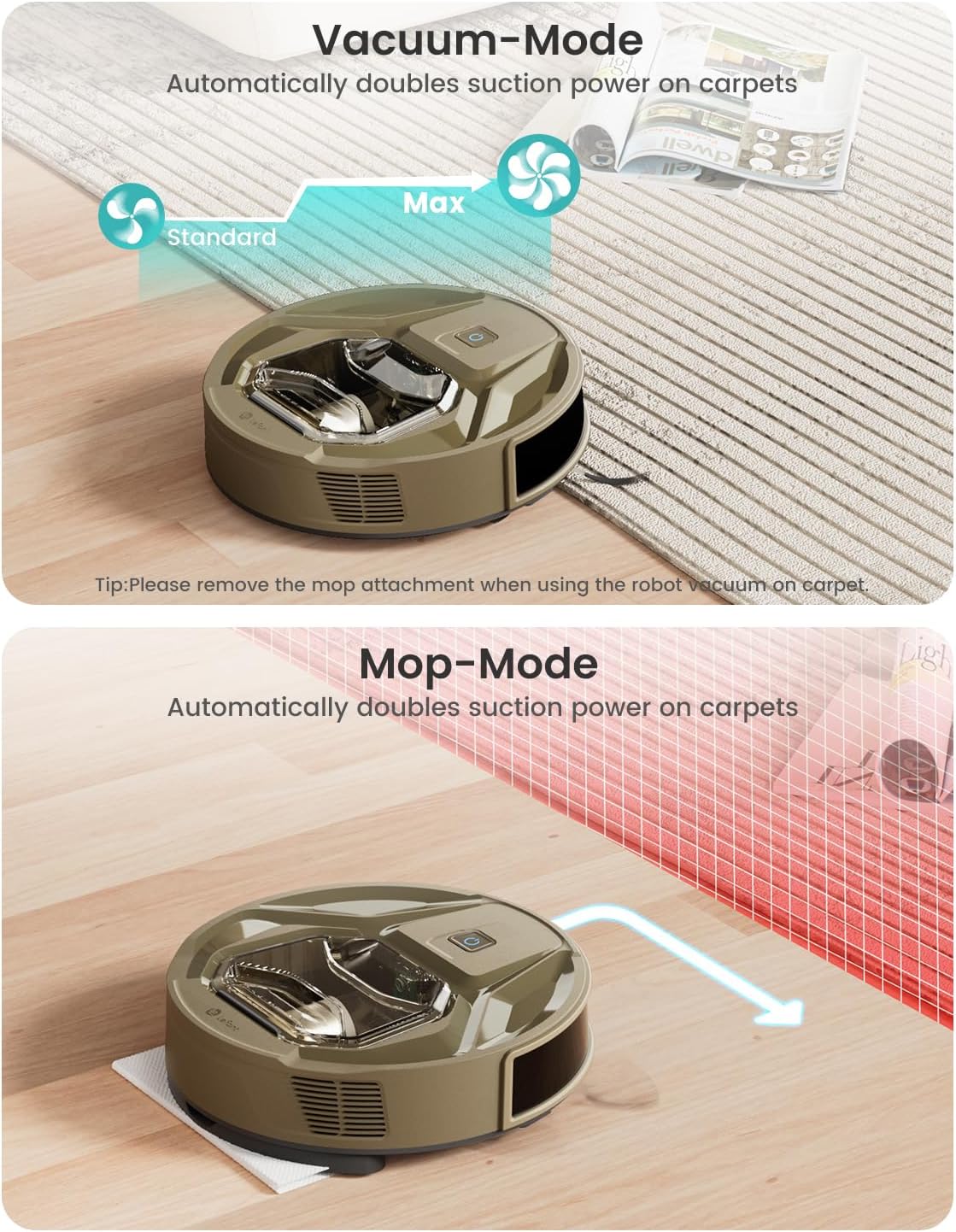 Robot aspirapolvere Lefant M320G, potente aspirazione, pattumiera visibile, super sottile, silenzioso, robot aspirapolvere e scopa a ricarica automatica, funziona con Alexa, ideale per pavimenti duri, peli di animali domestici, marrone dorato