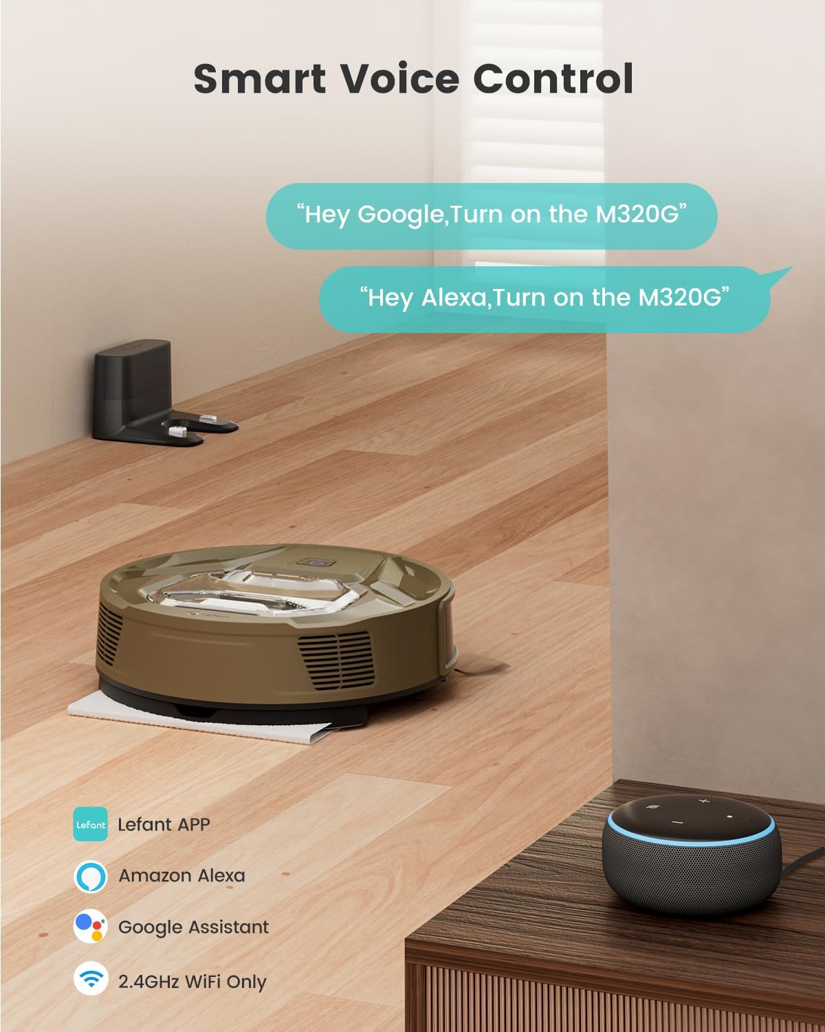 Robot aspirapolvere Lefant M320G, potente aspirazione, pattumiera visibile, super sottile, silenzioso, robot aspirapolvere e scopa a ricarica automatica, funziona con Alexa, ideale per pavimenti duri, peli di animali domestici, marrone dorato