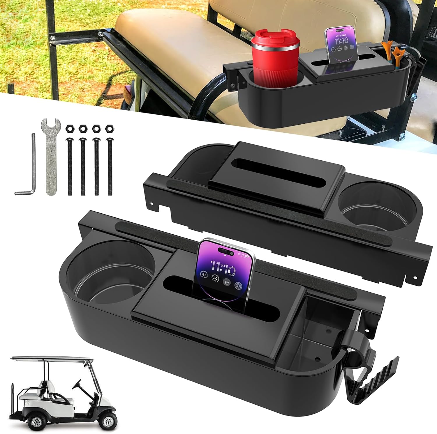 Bracciolo per carrello da golf con portabicchieri per sedile posteriore, supporto per telefono per EZGO/Club Car/Yamaha Most Golf Cart, nessuna perforazione richiesta, adatto a telaio in tubo quadrato da 1,0/1-1/4"