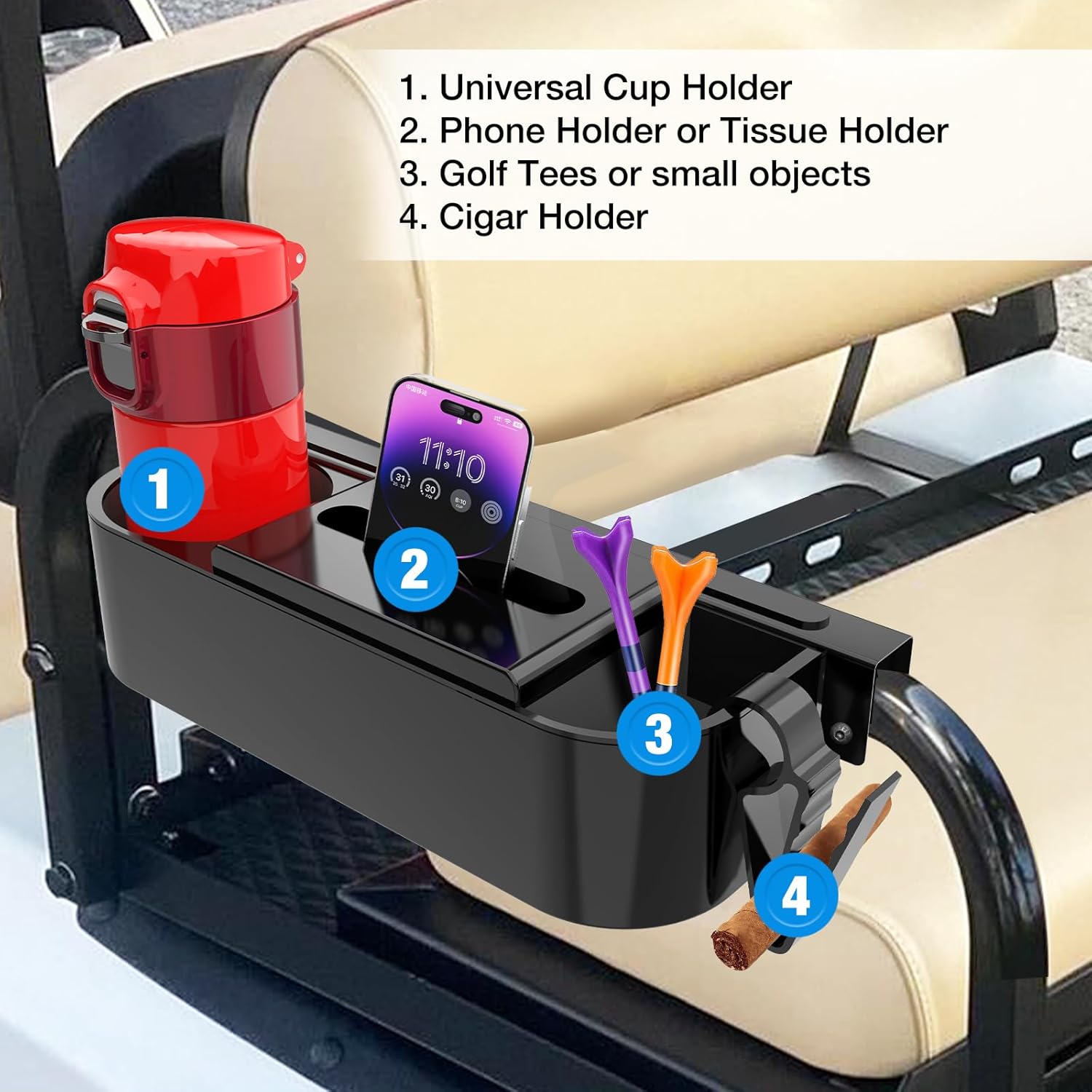 Golf Cart Armrest with Cup Holder for Rear Seat, Phone Holder for EZGO/Club Car/Yamaha  Most Golf Cart, No Drilling Required, Fit 1.0/1-1/4" Square Tube Frame · v3