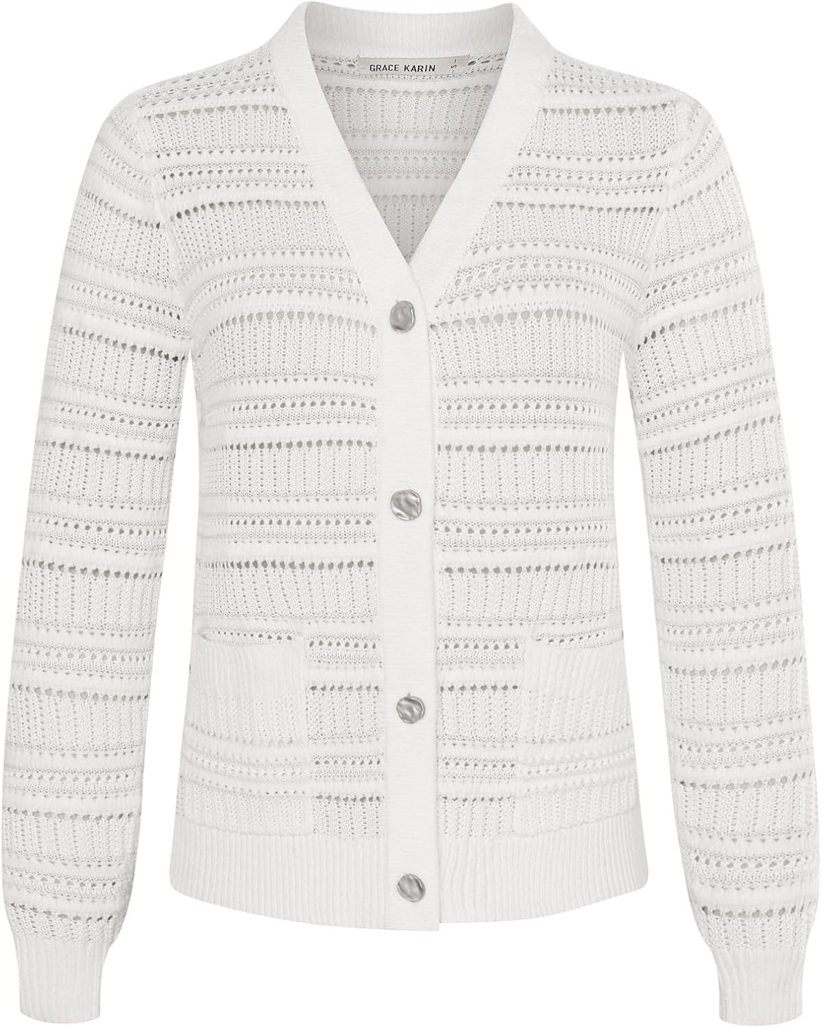 GRACE KARIN 2024 Cardigan Wanita Sweater Ringan V Neck Benang Metalik Rajutan Lengan Panjang Berongga Shrugs