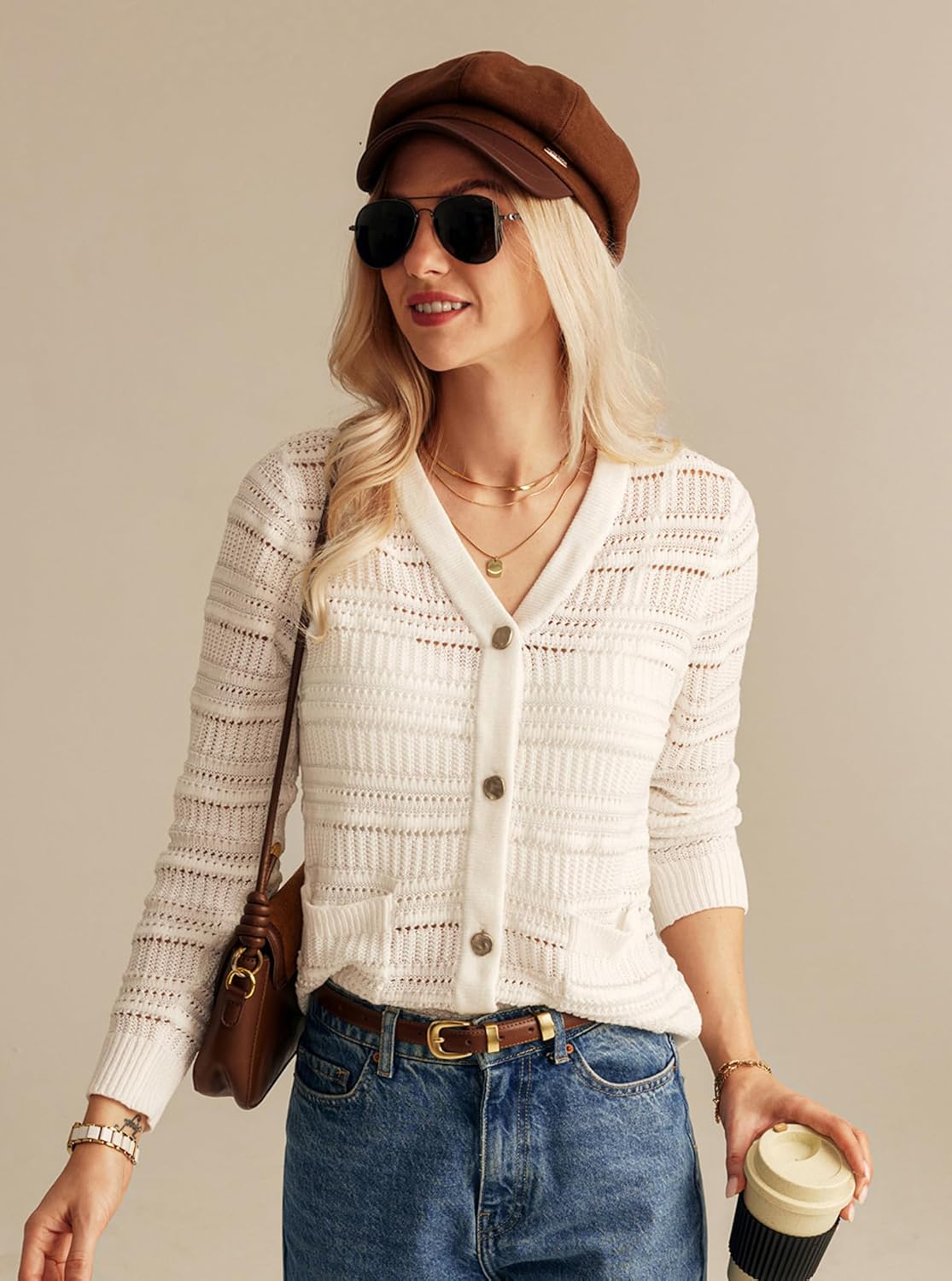 GRACE KARIN 2024 Womens Cardigan Sweater Lightweight V Neck Metallic Threads Knitwear Long Sleeve Hollowed-Out Shrugs