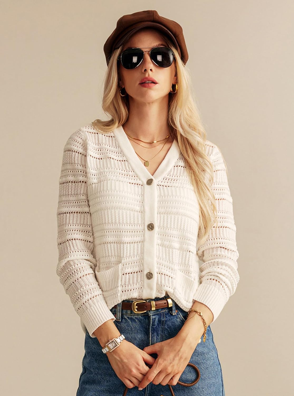 GRACE KARIN 2024 Womens Cardigan Sweater Lightweight V Neck Metallic Threads Knitwear Long Sleeve Hollowed-Out Shrugs