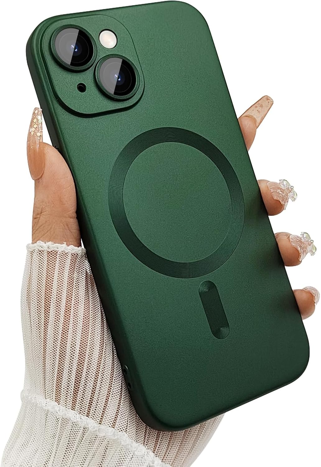 Magnetische Hülle für iPhone 14 Plus, Hülle für Damen, stoßfest, matt, luxuriös, weich, metallisch glänzend, mit Kameraobjektivschutz, kompatibel mit Magsafe für iPhone 14 Plus 6.7, Grün