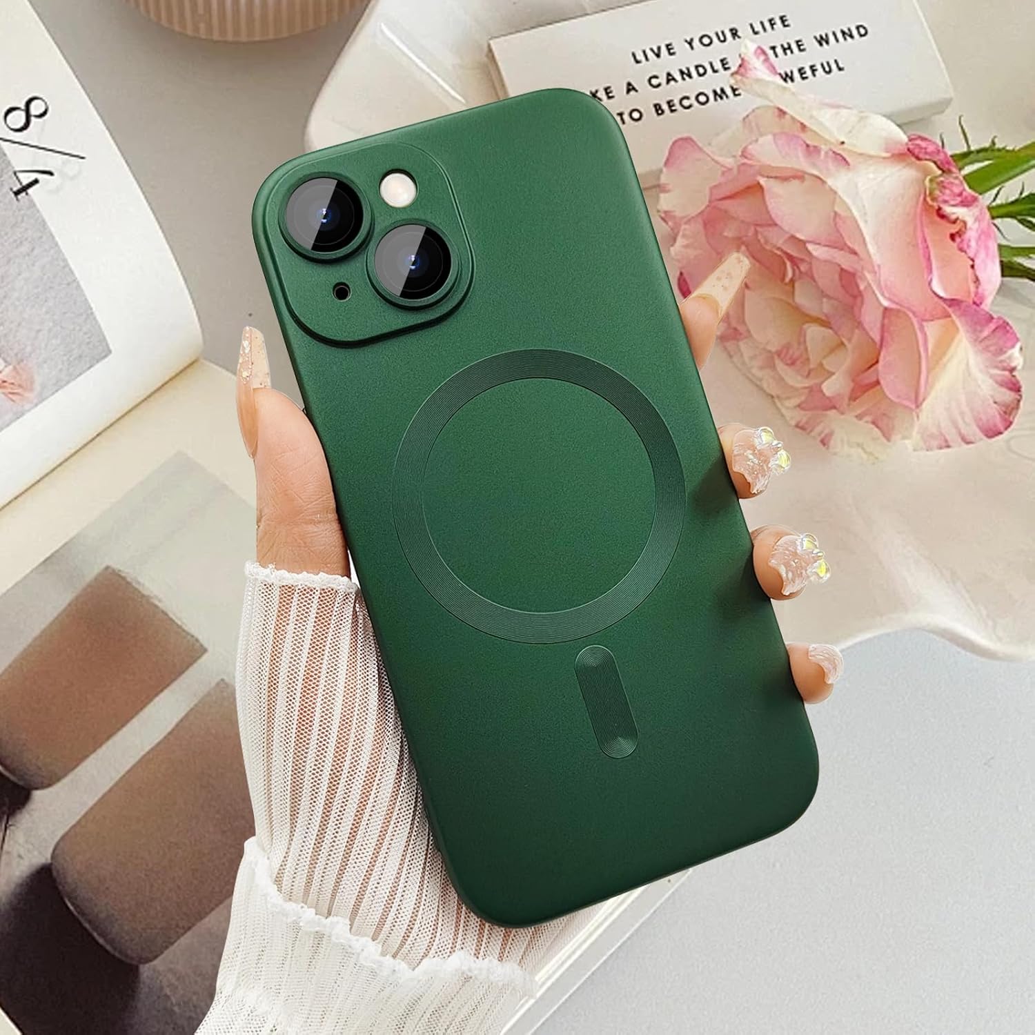 Custodia magnetica per iPhone 14 Plus da donna, antiurto, opaca, di lusso, con morbida lucentezza metallizzata, con protezione per obiettivo della fotocamera, compatibile con Magsafe per iPhone 14 Plus 6.7-Verde