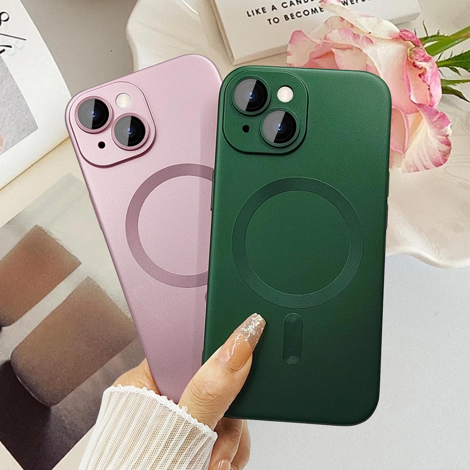 Custodia magnetica per iPhone 14 Plus da donna, antiurto, opaca, di lusso, con morbida lucentezza metallizzata, con protezione per obiettivo della fotocamera, compatibile con Magsafe per iPhone 14 Plus 6.7-Verde