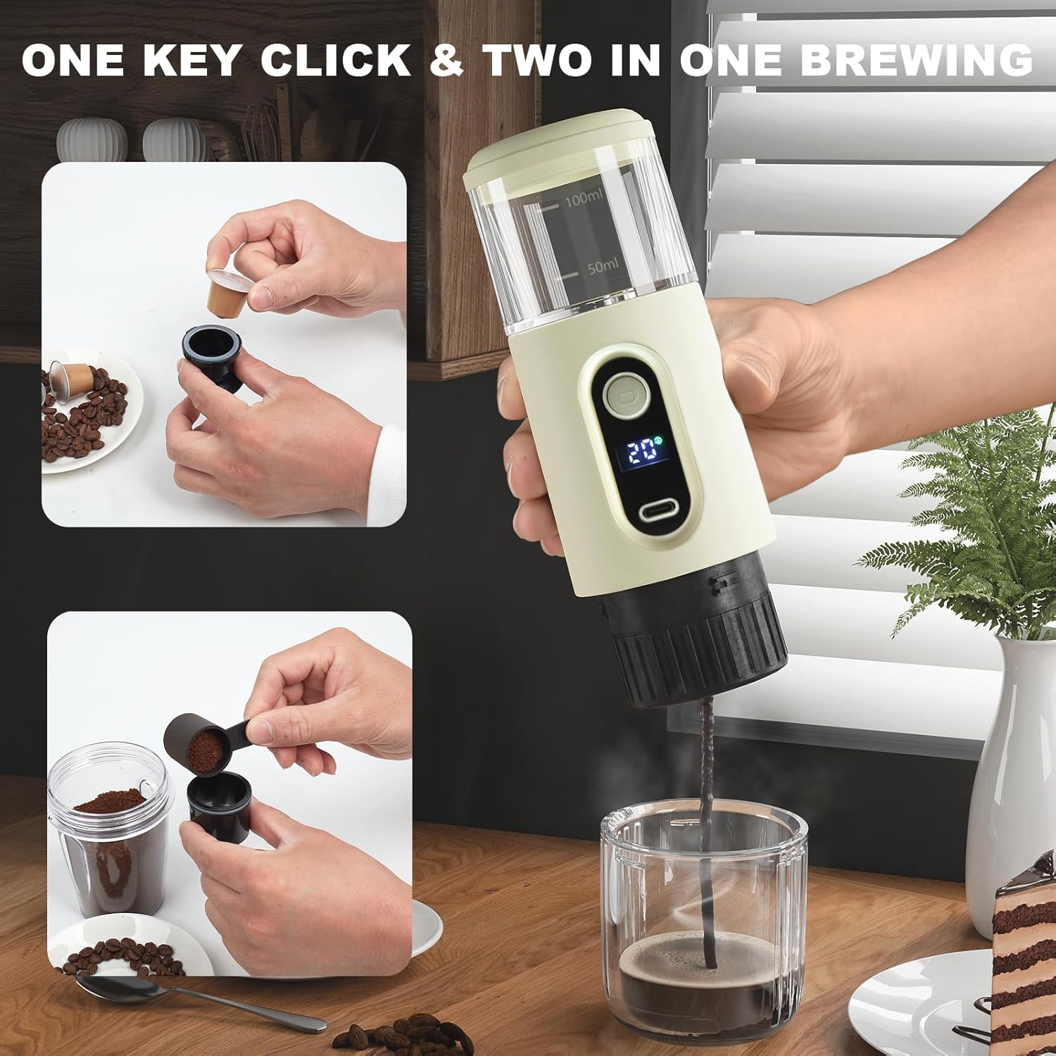 Tragbare elektrische Espressomaschine — Kabellose 2-in-1-Mini-Kaffeemaschine mit 15 Bar Druck, tragbare Auto-Kaffeemaschine, voll aufgeladen, 75 Tassen für Camping, Wohnmobil, Wandern, Büro (nicht selbsterwärzend)