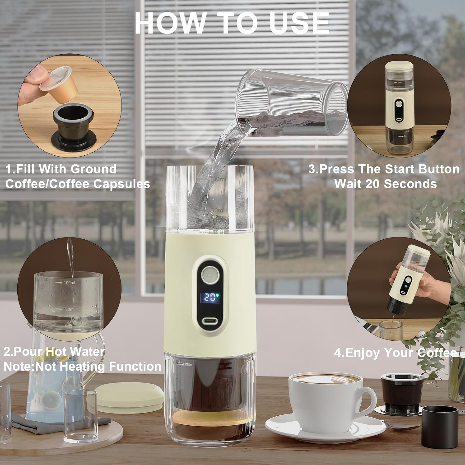 Tragbare elektrische Espressomaschine — Kabellose 2-in-1-Mini-Kaffeemaschine mit 15 Bar Druck, tragbare Auto-Kaffeemaschine, voll aufgeladen, 75 Tassen für Camping, Wohnmobil, Wandern, Büro (nicht selbsterwärzend)