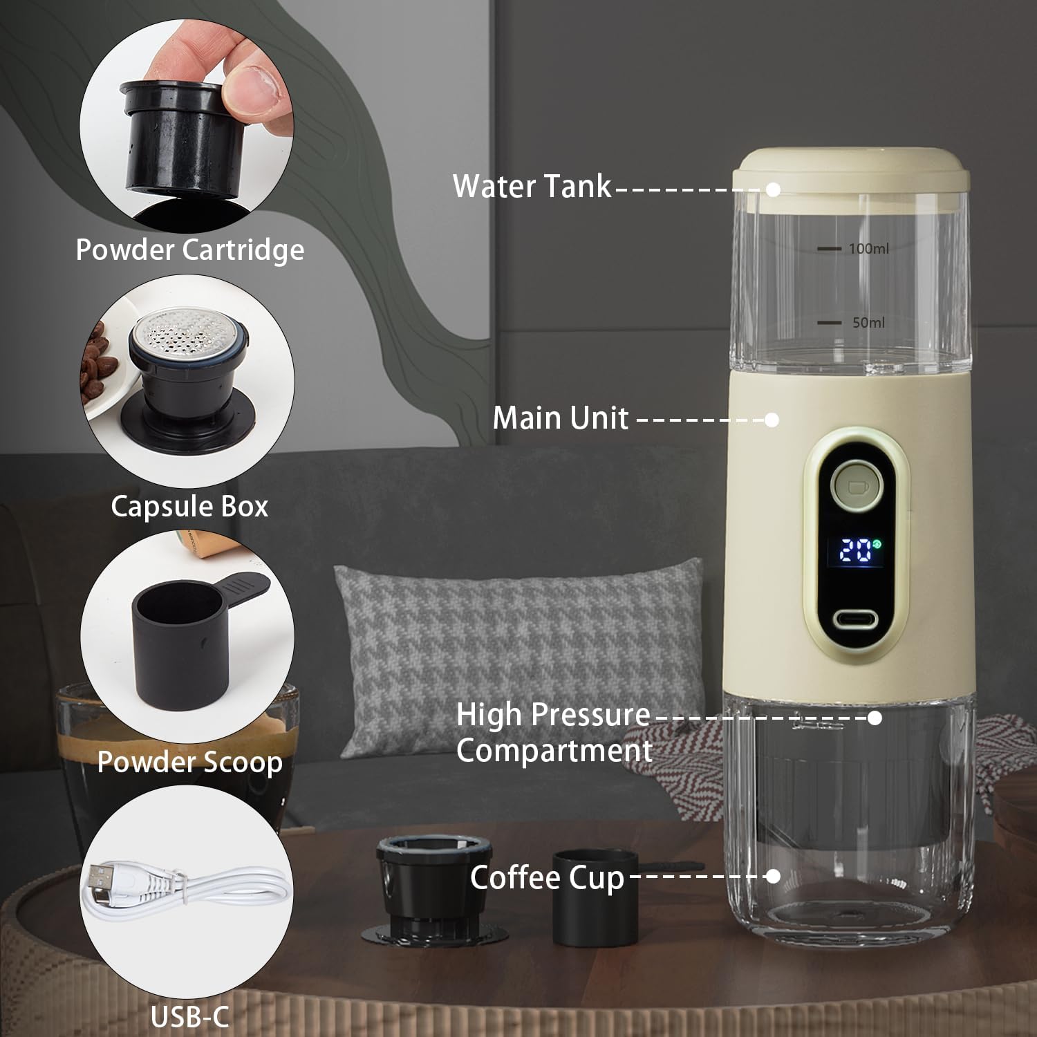 Tragbare elektrische Espressomaschine — Kabellose 2-in-1-Mini-Kaffeemaschine mit 15 Bar Druck, tragbare Auto-Kaffeemaschine, voll aufgeladen, 75 Tassen für Camping, Wohnmobil, Wandern, Büro (nicht selbsterwärzend)