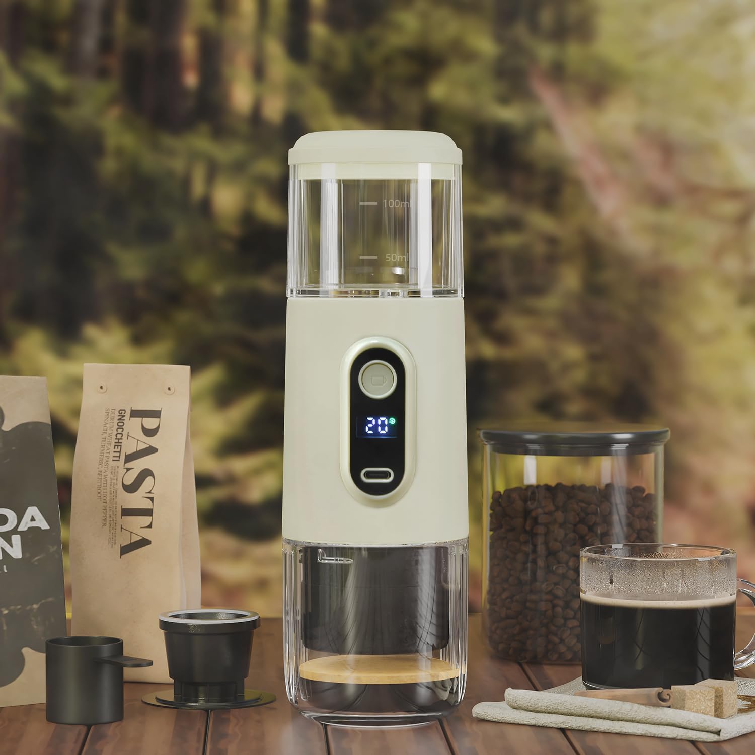 Tragbare elektrische Espressomaschine — Kabellose 2-in-1-Mini-Kaffeemaschine mit 15 Bar Druck, tragbare Auto-Kaffeemaschine, voll aufgeladen, 75 Tassen für Camping, Wohnmobil, Wandern, Büro (nicht selbsterwärzend)