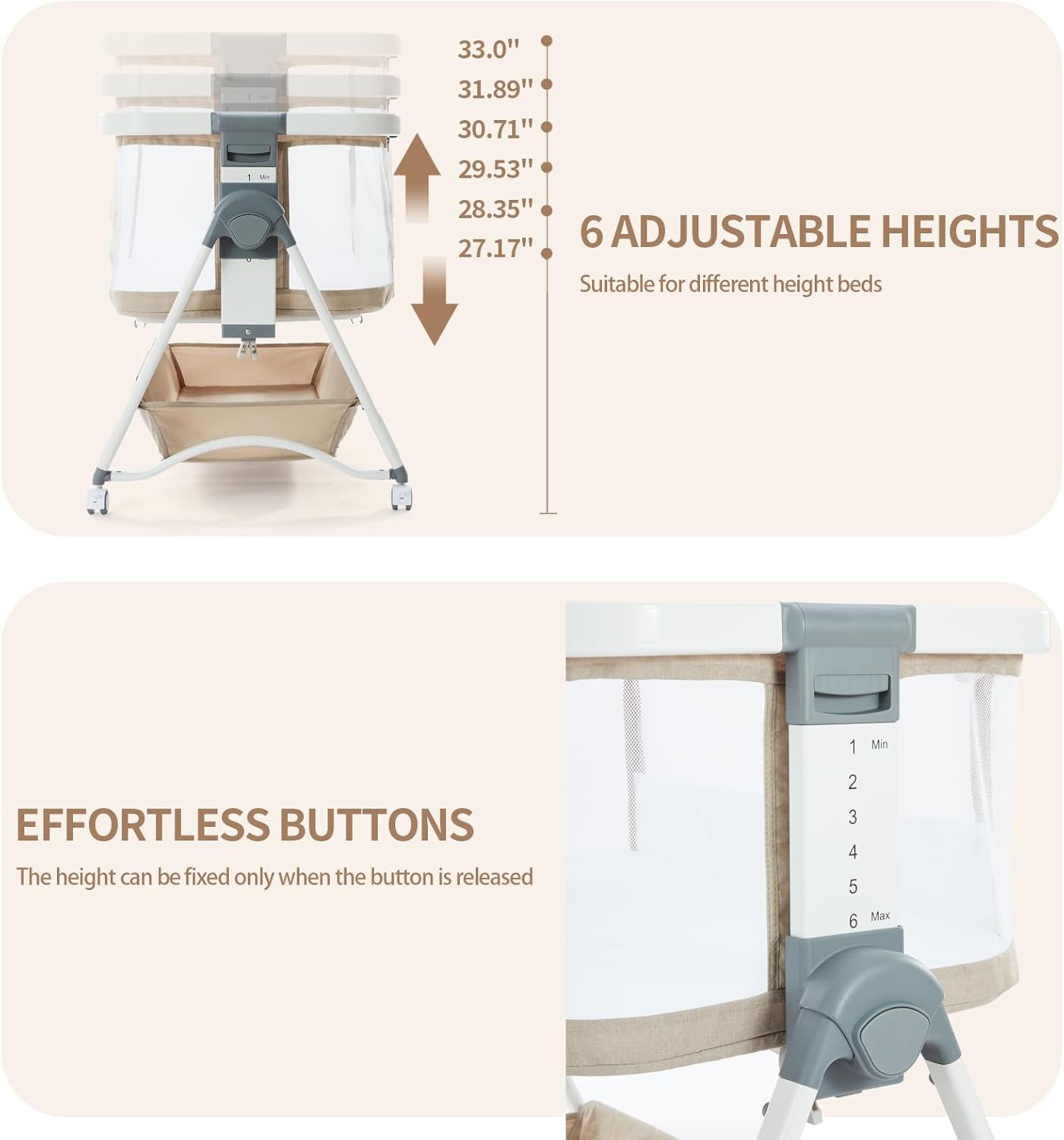 JMMD Baby Bassinet, łóżeczko dziecięce 3 w 1, Łóżeczko nocne z regulacją wysokości, Składane i przenośne łóżko dla dziecka, khaki