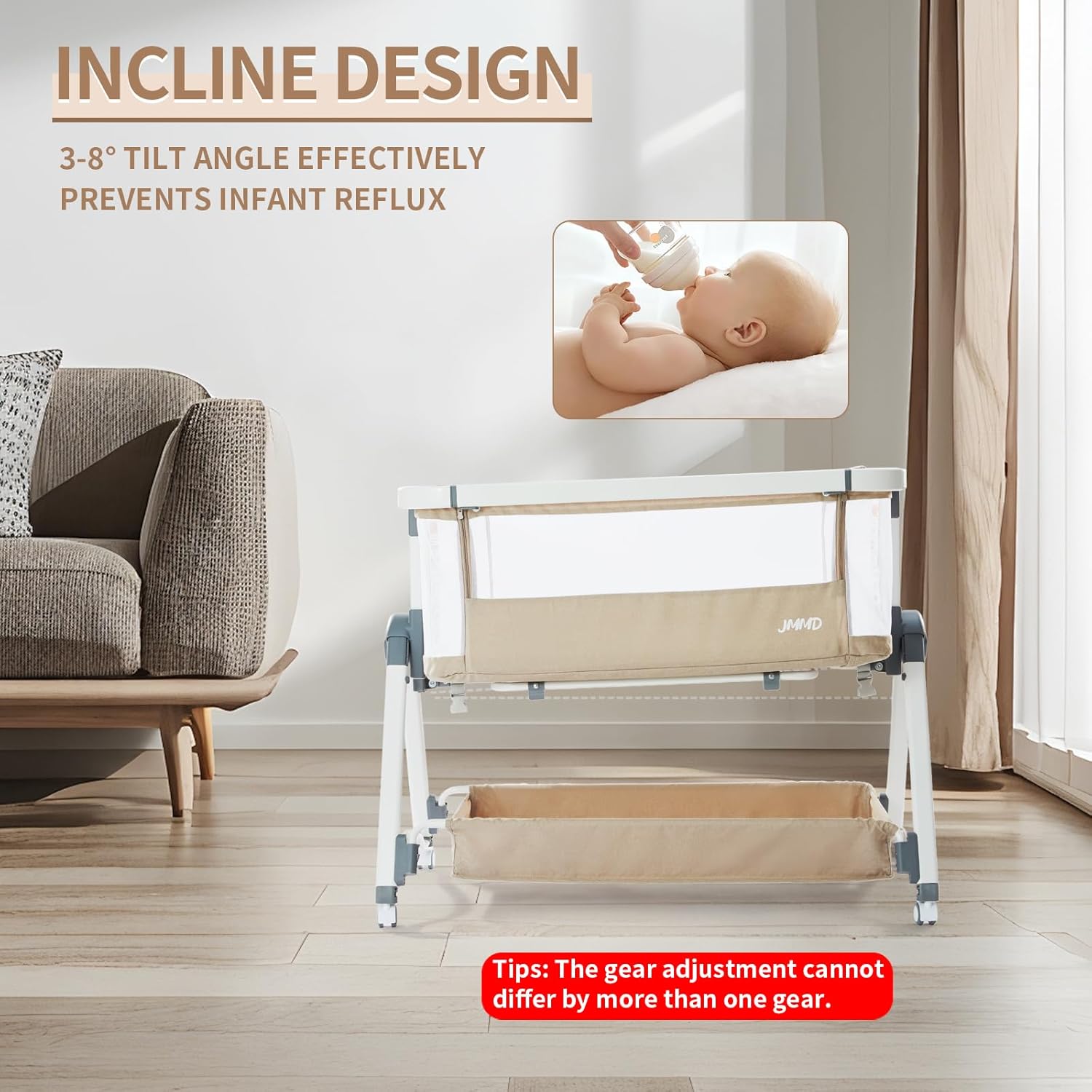 JMMD Baby Bassinet, łóżeczko dziecięce 3 w 1, Łóżeczko nocne z regulacją wysokości, Składane i przenośne łóżko dla dziecka, khaki