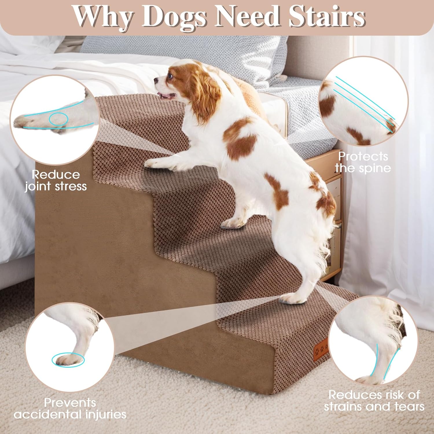 4-Step Brown Dog Stairs for Medium Dogs - Steps for Dogs to get on Bed, Non-Slip Removable Washable Cover, Friendly to Older and Injured Dogs, 18 High · v2