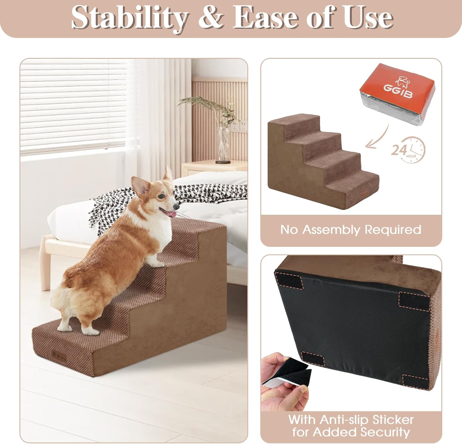 4-Step Brown Dog Stairs for Medium Dogs - Steps for Dogs to get on Bed, Non-Slip Removable Washable Cover, Friendly to Older and Injured Dogs, 18 High · v2