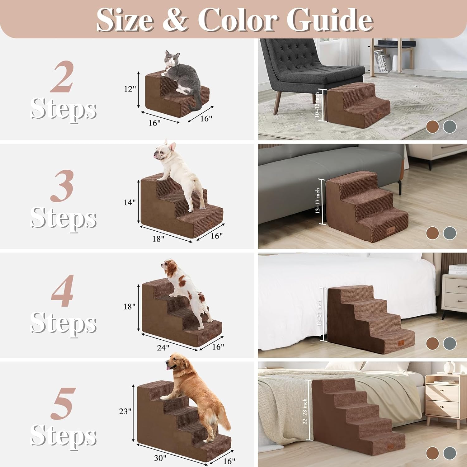 4-Step Brown Dog Stairs for Medium Dogs - Steps for Dogs to get on Bed, Non-Slip Removable Washable Cover, Friendly to Older and Injured Dogs, 18 High · v2