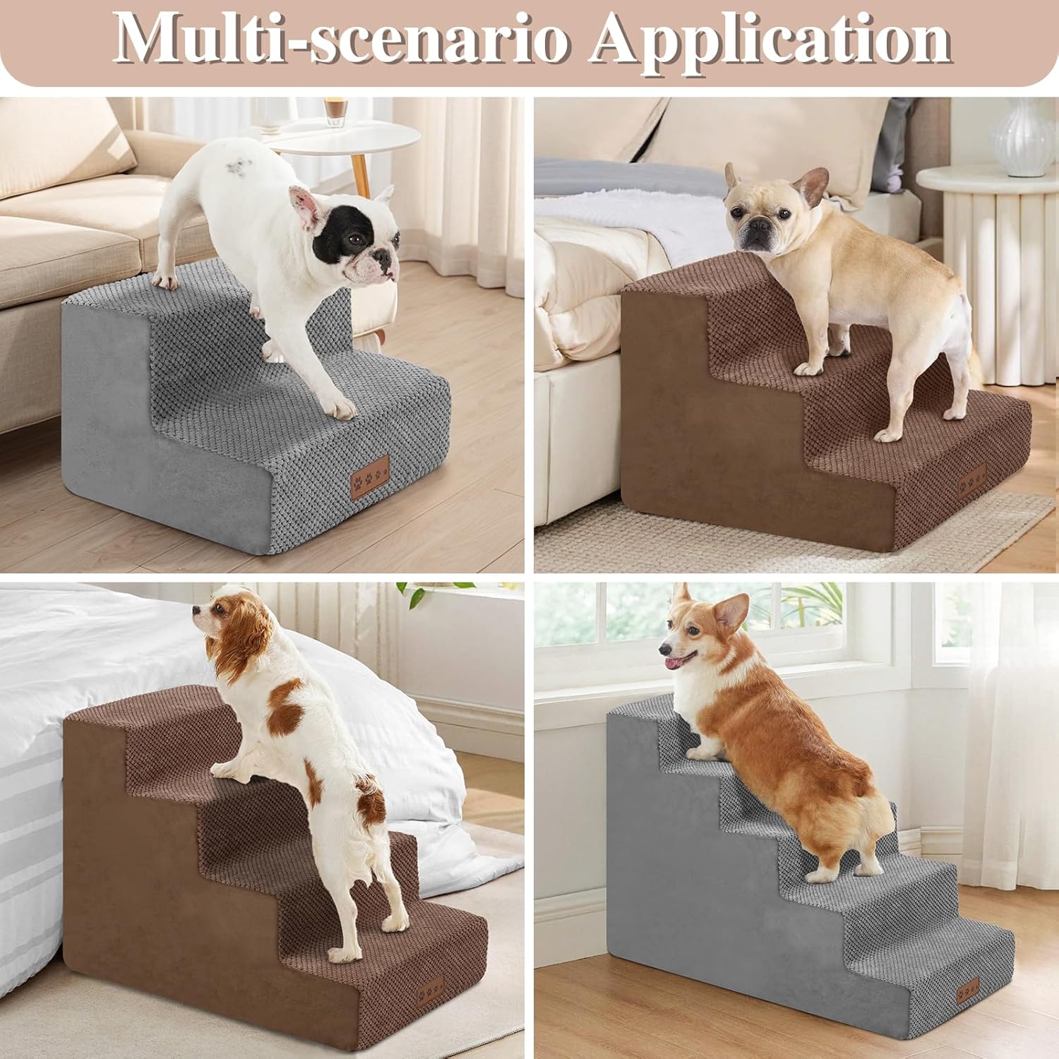 4-Step Brown Dog Stairs for Medium Dogs - Steps for Dogs to get on Bed, Non-Slip Removable Washable Cover, Friendly to Older and Injured Dogs, 18 High · v2